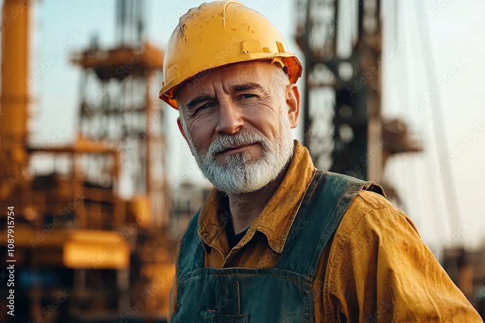 Smiling worker in hard hat at industrial site Smiling worker in hard hat at industrial site