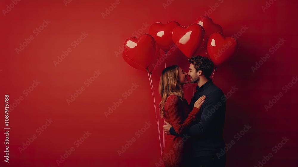 Happy couple with heart shaped balloons on red background. Valentine's Day celebration Happy couple with heart shaped balloons on red background. Valentine's Day celebration