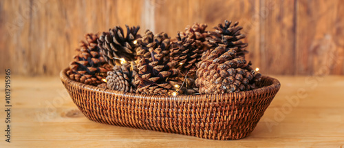 Wicker bowl with pine cones and Christmas glowing lights on wooden background