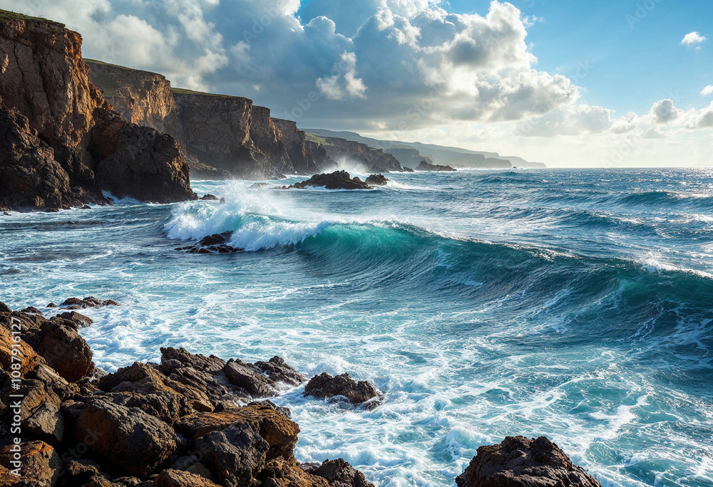 Majestic Ocean Waves Crashing Against a Rocky Shoreline Majestic Ocean Waves Crashing Against a Rocky Shoreline