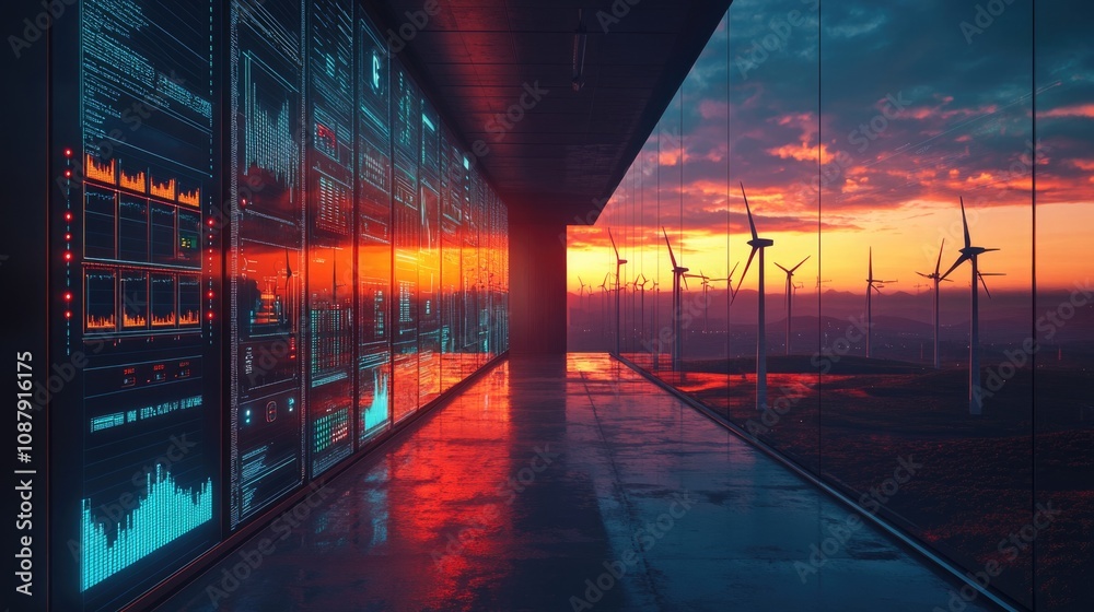 Fototapeta premium Scada system monitoring operations room for operator control with clean energy wind turbines farm surrounded by futuristic graphic icon at background.