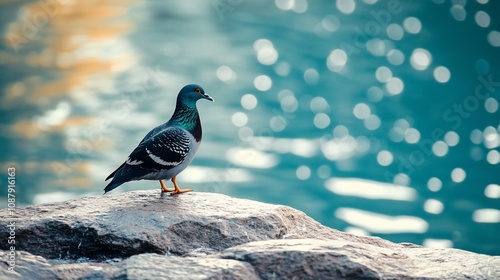 Blue pigeon perched on rock by water.