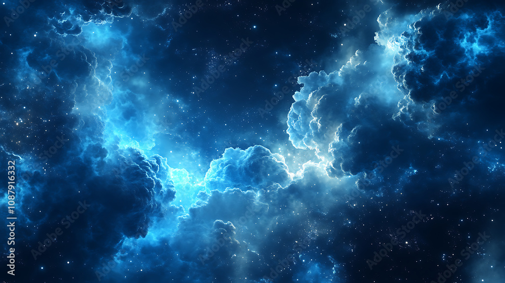 Fototapeta premium Digital background featuring cloud technology, with glowing blue and white clouds on a dark navy background