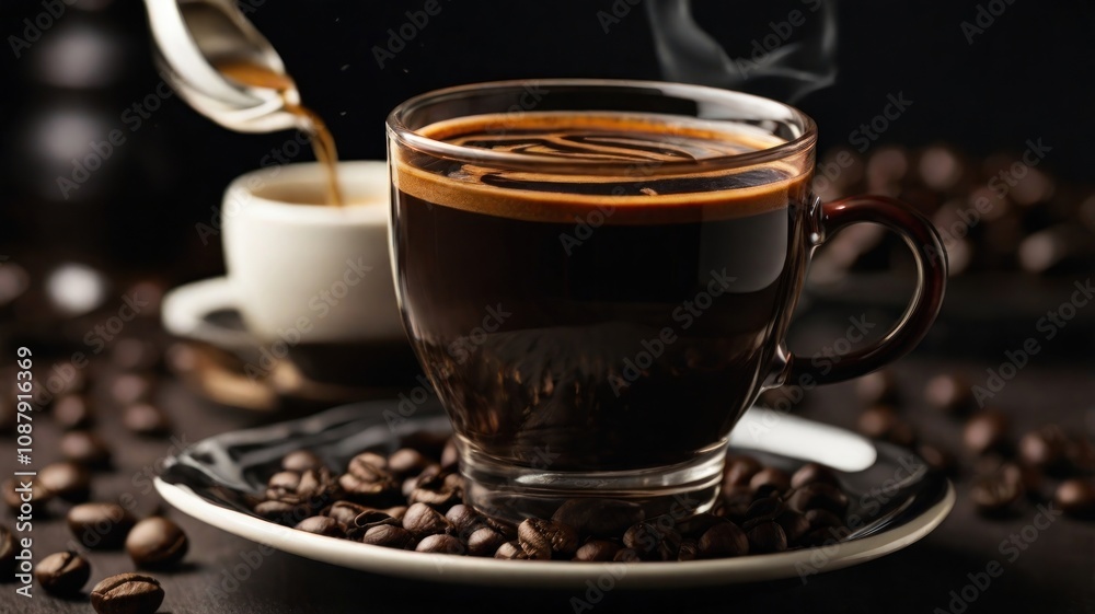 A steaming cup of freshly brewed black coffee with coffee beans scattered around. A steaming cup of freshly brewed black coffee with coffee beans scattered around.