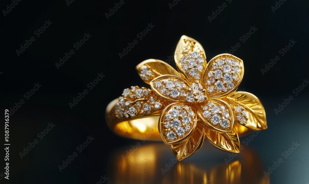 Close-up of a gold ring adorned with diamonds arranged in a flower and leaf design on a black background, showcasing fine jewelry details and craftsmanship Close-up of a gold ring adorned with diamonds arranged in a flower and leaf design on a black background, showcasing fine jewelry details and craftsmanship