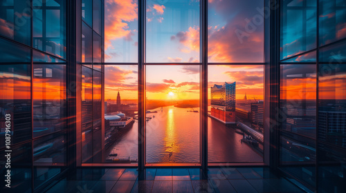 sunrise and rays, sunset over the city Hamburg skyline,  Elbphilharmonie