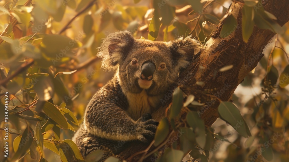 Fototapeta premium Adorable koala resting on a tree in sunlit eucalyptus forest