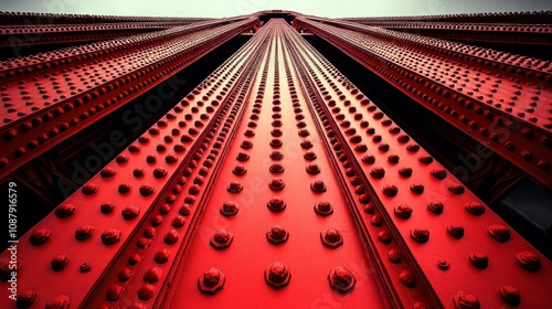 Low angle view of a red bridge's intricate steel structure, emphasizing rivets and beams. photo