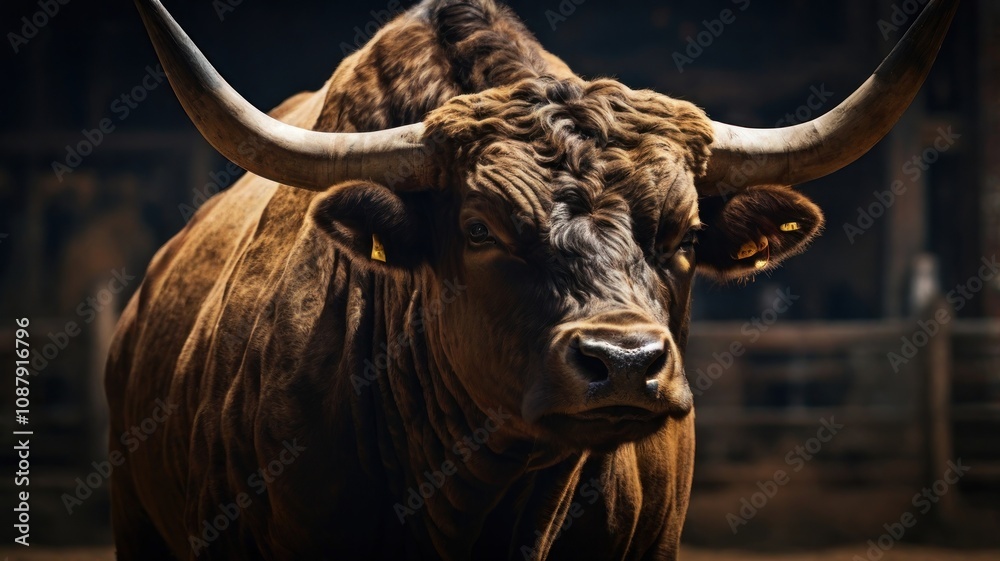 Naklejka premium A large brown bull with long horns stares intensely at the camera.