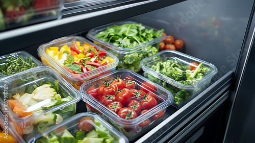 Pre-packaged vegetable salads are displayed within a commercial refrigerator