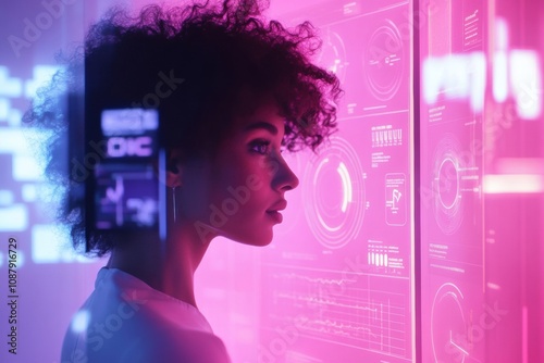 A person engages with an interactive mirror that analyzes hair health and suggests personalized recommendations using AI technology. Generative AI