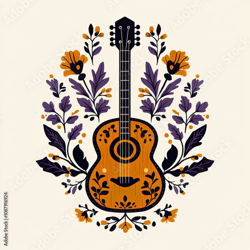 Minimalist Scandinavian folk art design with acoustic guitar in festive colors
