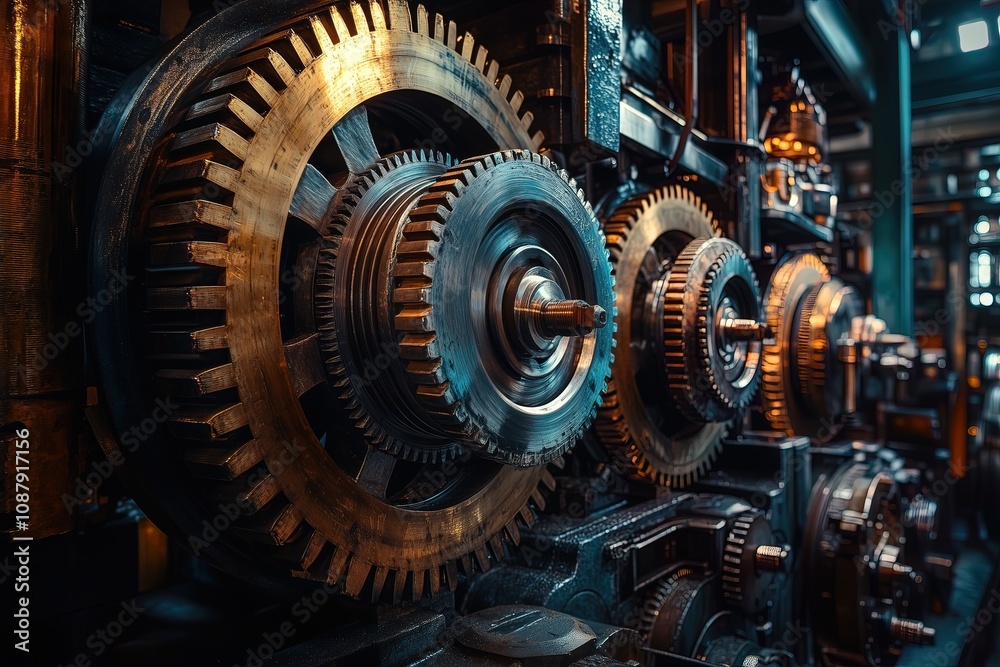 Image of a massive mechanism with large gears turning slowly, heavy metallic feel, subdued lighting Image of a massive mechanism with large gears turning slowly, heavy metallic feel, subdued lighting