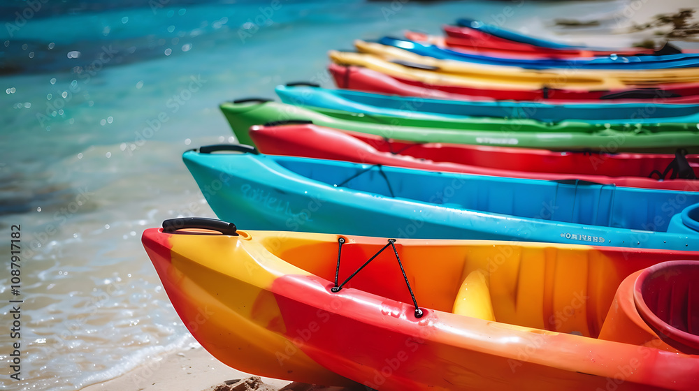 A Row of Colorful Kayaks Lined Up on a Sandy Beach, Ready for Adventure Against a Backdrop of Crystal-Clear Waters A Row of Colorful Kayaks Lined Up on a Sandy Beach, Ready for Adventure Against a Backdrop of Crystal-Clear Waters