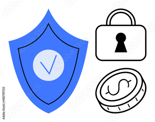 Blue shield with checkmark, black lock, and coin with dollar sign. Ideal for cybersecurity, finance, privacy, secure transactions, digital wallets. Line metaphor