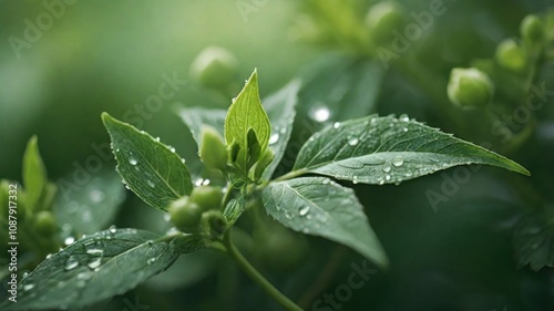 Close-up of dew drops on green leaves and buds.