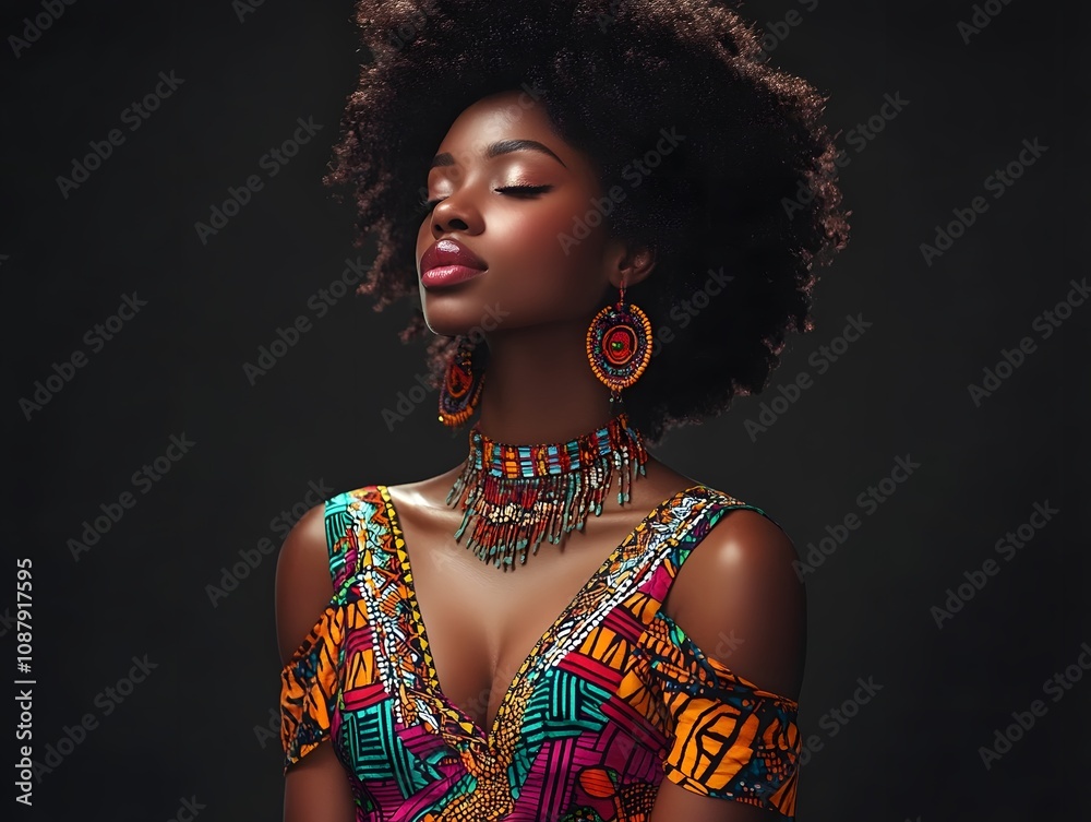 African woman in a vibrant traditional print dress African woman in a vibrant traditional print dress