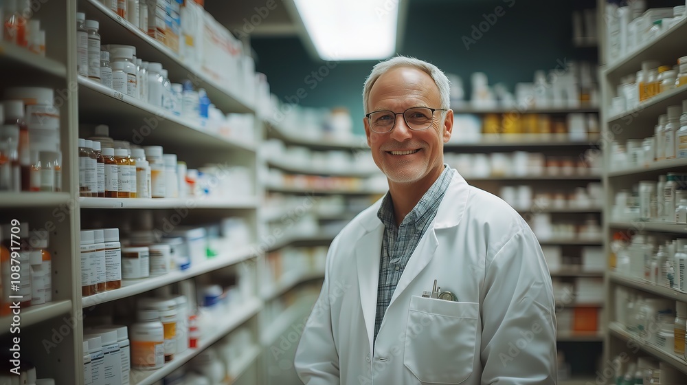 Pharmacist displaying various medications and pills on a pharmacy counter, bright store space Pharmacist displaying various medications and pills on a pharmacy counter, bright store space