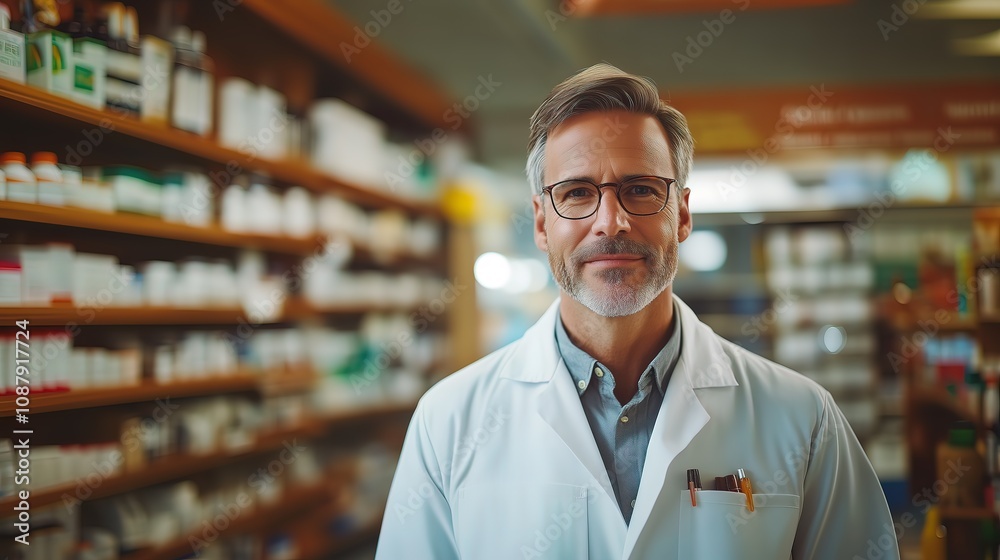 Fototapeta premium Pharmacist displaying various medications and pills on a pharmacy counter, bright store space