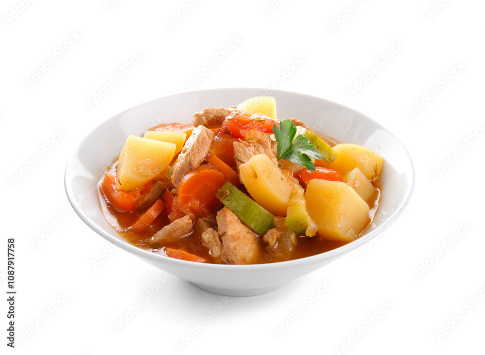 Bowl with delicious beef stew and parsley on white background Bowl with delicious beef stew and parsley on white background