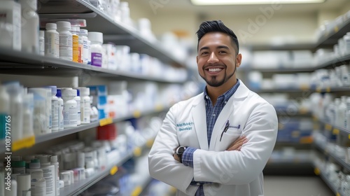 Pharmacist displaying various medications and pills on a pharmacy counter, bright store space