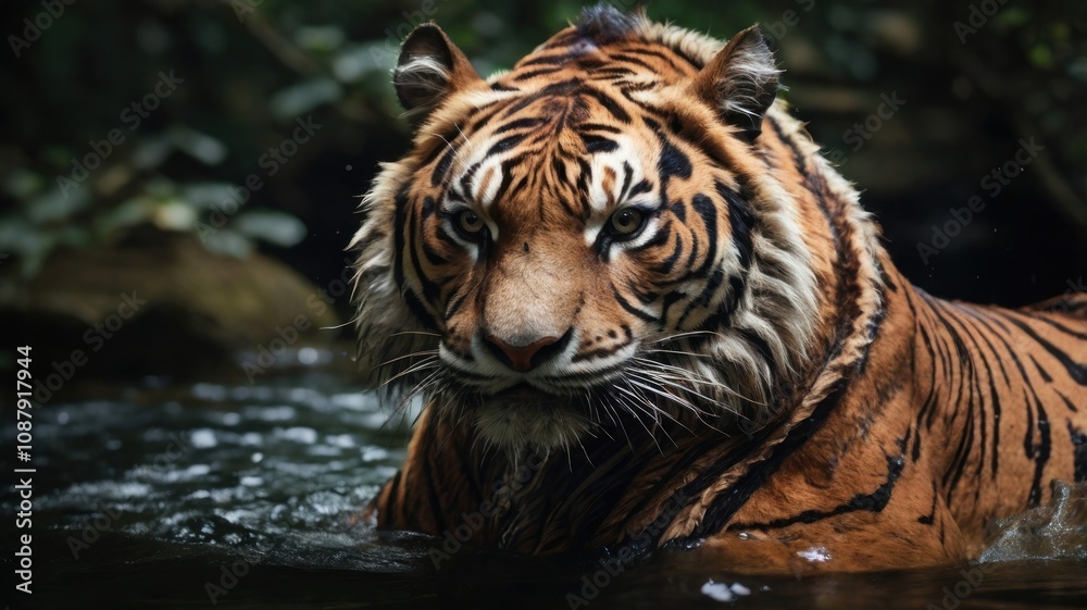 A majestic tiger emerges from the water, its piercing gaze captivating the viewer. Its orange and black stripes stand out against the dark background. A majestic tiger emerges from the water, its piercing gaze captivating the viewer. Its orange and black stripes stand out against the dark background.
