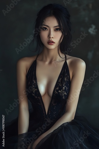 Asian woman in a black floor-length dress with a plunging neckline