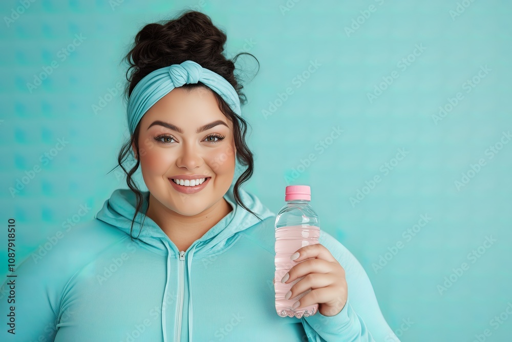 Portrait of happy plus size woman in jogging clothes holding bottle of water, looking at camera and smiling, Portrait of happy plus size woman in jogging clothes holding bottle of water, looking at camera and smiling,