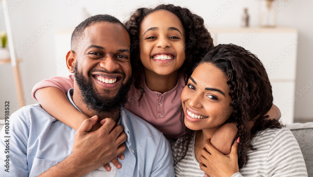 Love And Care. Portrait of cheerful African American family of three people hugging sitting on the sofa at home, posing for photo and looking at camera. Smiling young girl embracing her parents