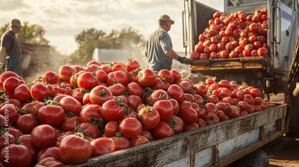 Freshly picked tomatoes being loaded for delivery at a farm, Farm Fresh, Juicy and vibrant Freshly picked tomatoes being loaded for delivery at a farm, Farm Fresh, Juicy and vibrant