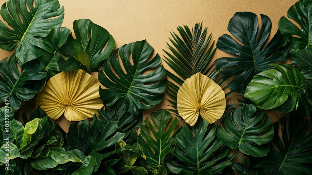 A vibrant arrangement of tropical leaves against a warm background for decorative purposes. A vibrant arrangement of tropical leaves against a warm background for decorative purposes.