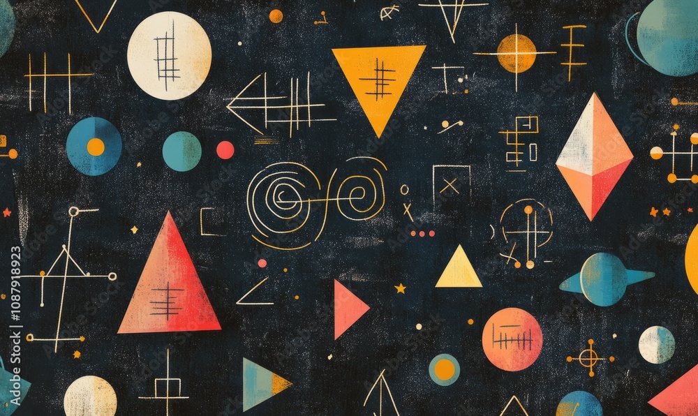 Create a seamless pattern with colorful geometric shapes, symbols, and equations on a chalkboard background Create a seamless pattern with colorful geometric shapes, symbols, and equations on a chalkboard background