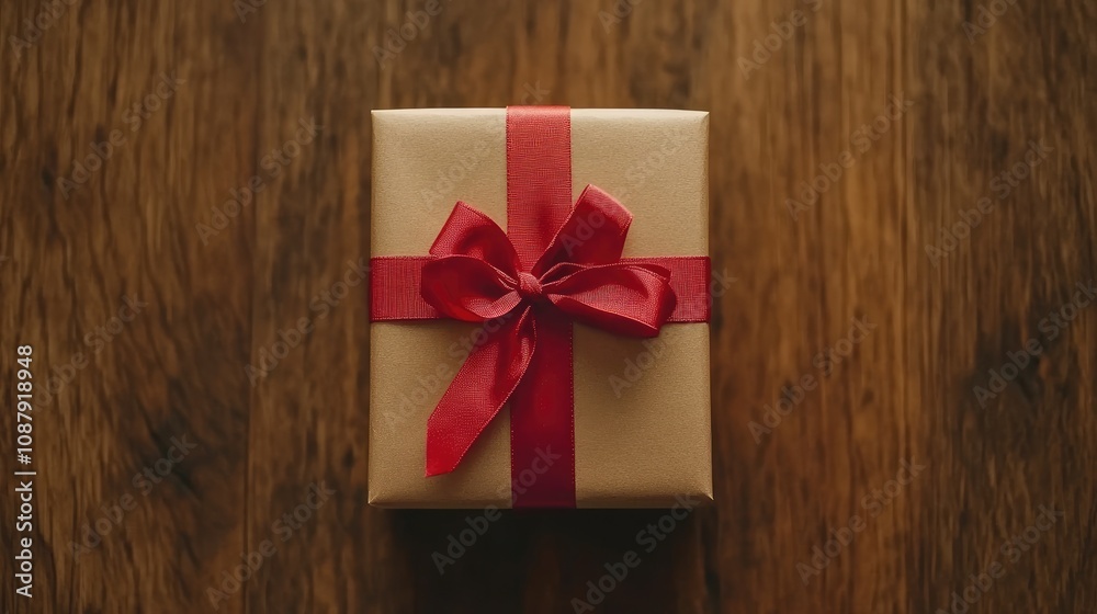 Beautifully Wrapped Gift Box with Red Ribbon on Rustic Wooden Background for Celebrations, Birthdays, Holidays, and Special Occasions Beautifully Wrapped Gift Box with Red Ribbon on Rustic Wooden Background for Celebrations, Birthdays, Holidays, and Special Occasions
