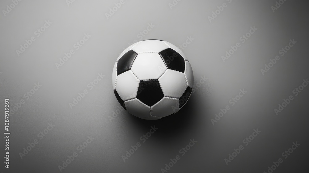 Obraz premium Black and White Soccer Ball on a Gray Background Perfect for Sports Themes and Athletic Events, Representing Fun and Team Spirit in Soccer Culture