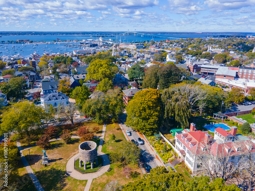 Touro Park aerial view including Windmill Tower with Newport Harbor at the background, city center of Newport, Rhode Island RI, USA. 