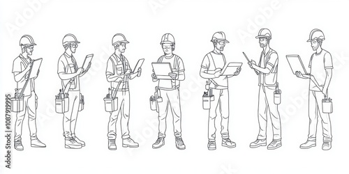 Generate black and white line drawings of construction workers in various poses, holding computer screens or papers with sketches on them Generative AI