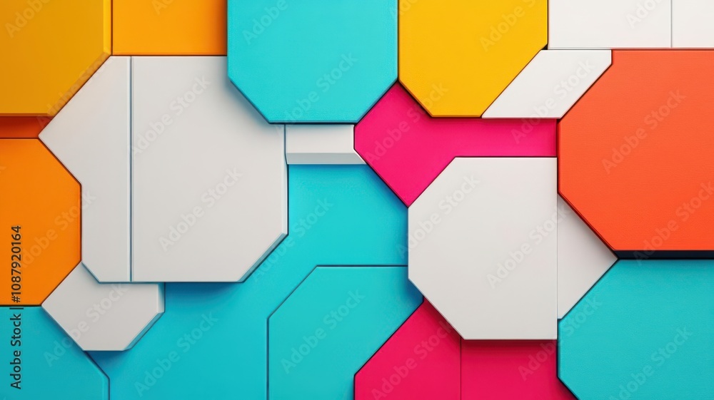 Dynamic overlay of rectangular and hexagonal shapes, bold colors, modern edge Dynamic overlay of rectangular and hexagonal shapes, bold colors, modern edge
