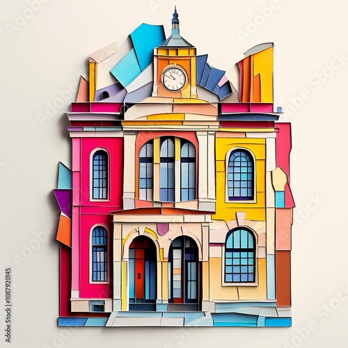 Crewe, England, paper cut illustration - A colorful building with a clock on the top