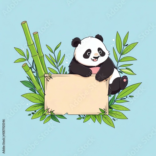 Adorable Panda with Bamboo and Blank Sign photo