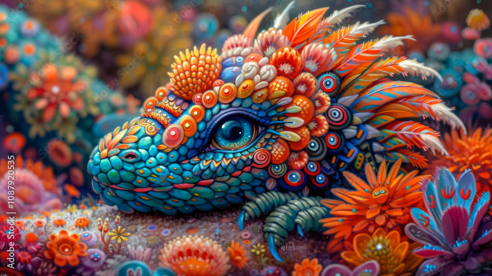 Vibrant Fantasy Lizard Surrounded by Flowers
