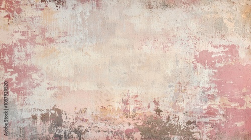 Pink, beige, and gray hues blend on a weathered wall, creating an abstract design with peeling paint revealing underlying layers