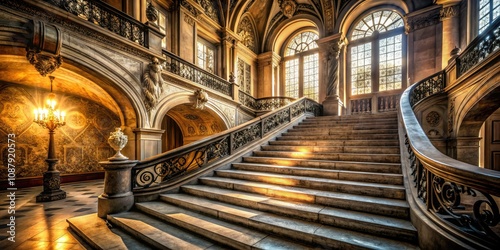 Majestic Grand Stone Staircase in Silhouette - Timeless Elegance and Historical Grandeur Captured in Worn Marble Steps and Ornate Details