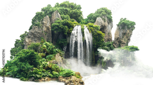 Fototapeta Naklejka Na Ścianę i Meble -  Majestic Waterfall Surrounded by Lush Greenery and Rocky Cliffs in a Serene Landscape, Captivating Nature Scene with Soothing Water Flow and Vibrant Foliage