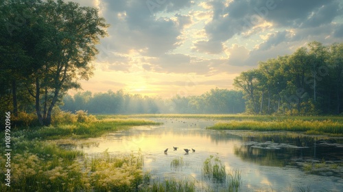 A tranquil sunrise over a misty lake with trees and birds in the foreground.
