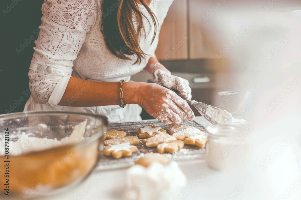 Smiling Female baker baking fresh Christmas, holiday cookies. Bakery. Bake. Cookies. Christmas. Smiling Female baker baking fresh Christmas, holiday cookies. Bakery. Bake. Cookies. Christmas.