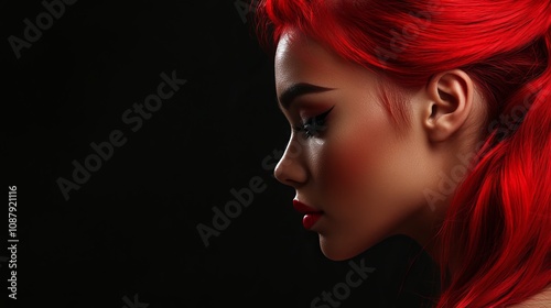 Striking beauty with a vibrant red hairdo and bold makeup, demonstrating the allure of beauty and hair fashion. Photographed against a black backdrop, providing ample space for customization. 