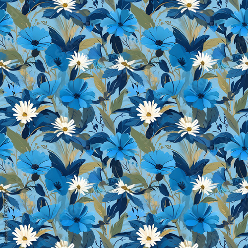 Vibrant floral pattern featuring blue flowers and daisies against a serene background
