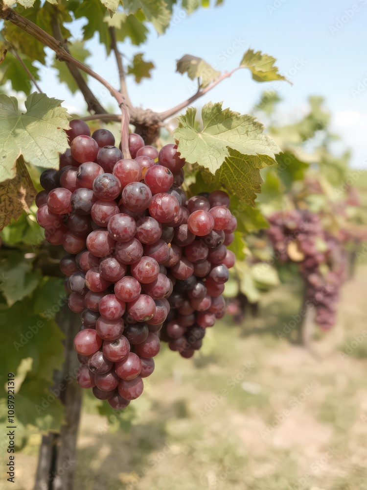 Close up of ripe red wine grapes hanging on an old vine in a vineyard, ripe Close up of ripe red wine grapes hanging on an old vine in a vineyard, ripe