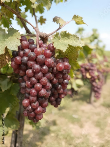 Close up of ripe red wine grapes hanging on an old vine in a vineyard, ripe