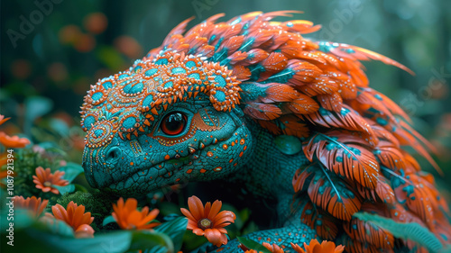 Colorful Fantasy Reptile Among Vibrant Flowers
 photo